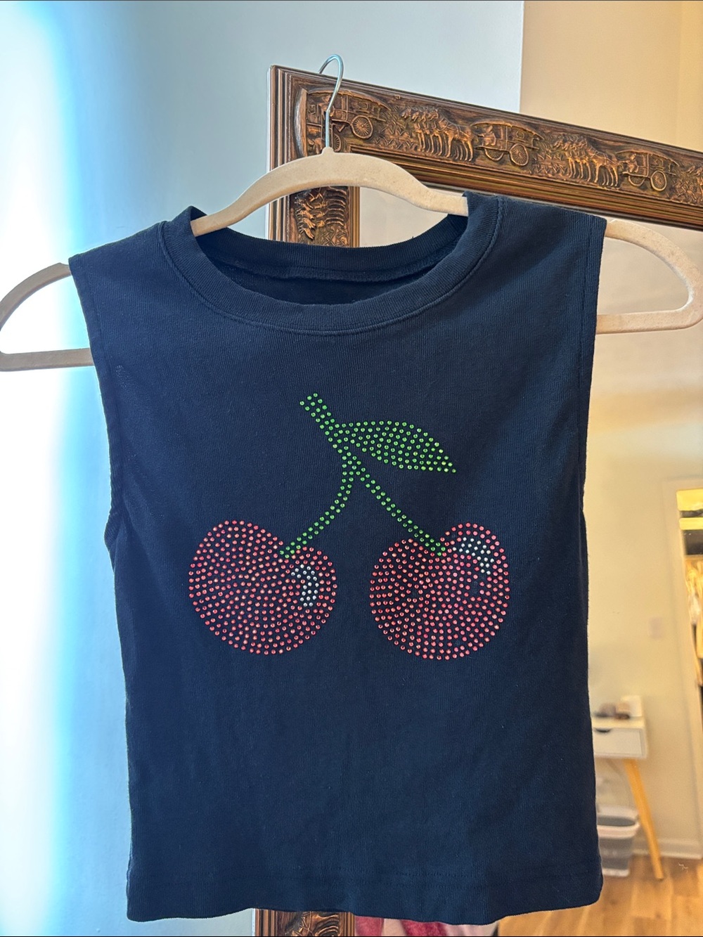 Black Sleeveless Tank Top with Rhinestone Cherry Graphic